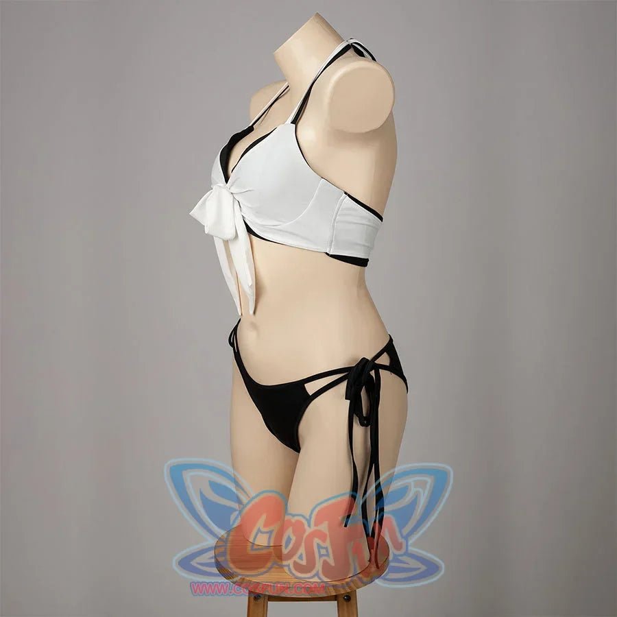 Final Fantasy VII Tifa Lockhart cosplay swimsuit profiles the white front bow above black hip ties.