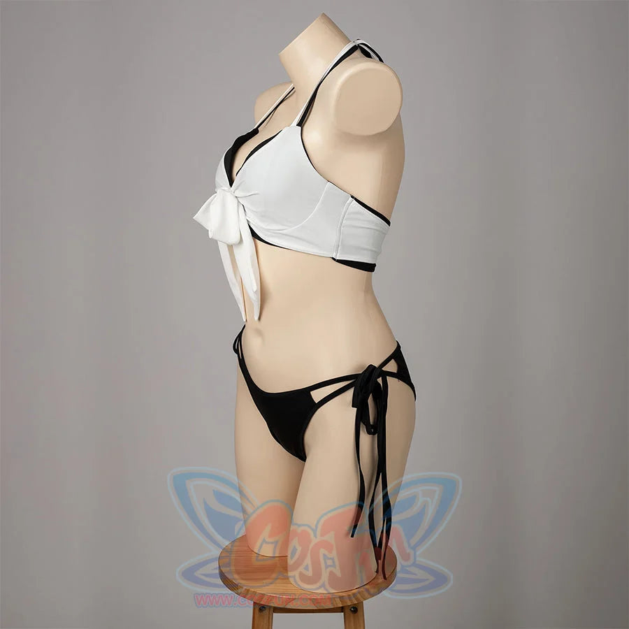 Final Fantasy VII Tifa Lockhart cosplay swimsuit profiles the white front bow above black hip ties.