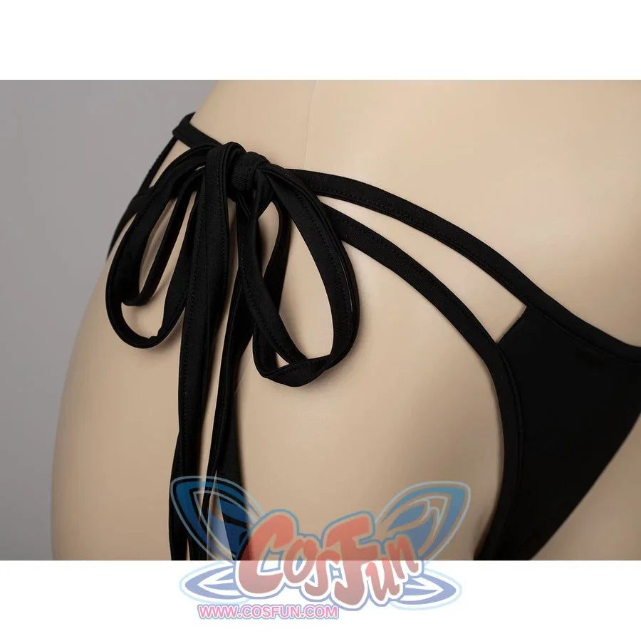 Final Fantasy VII Tifa Lockhart cosplay swimsuit frames layered black hip strings beside the bikini bottom.