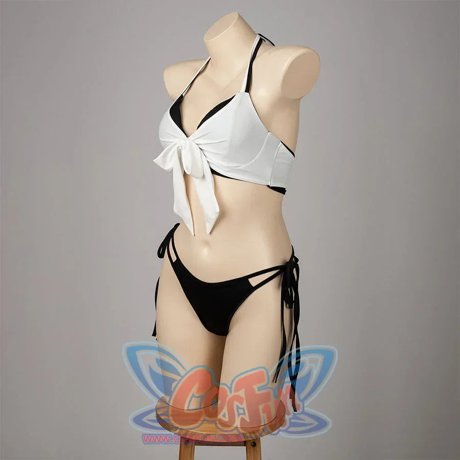 Final Fantasy VII Tifa Lockhart cosplay swimsuit turns the halter top toward black side strings at the hip.