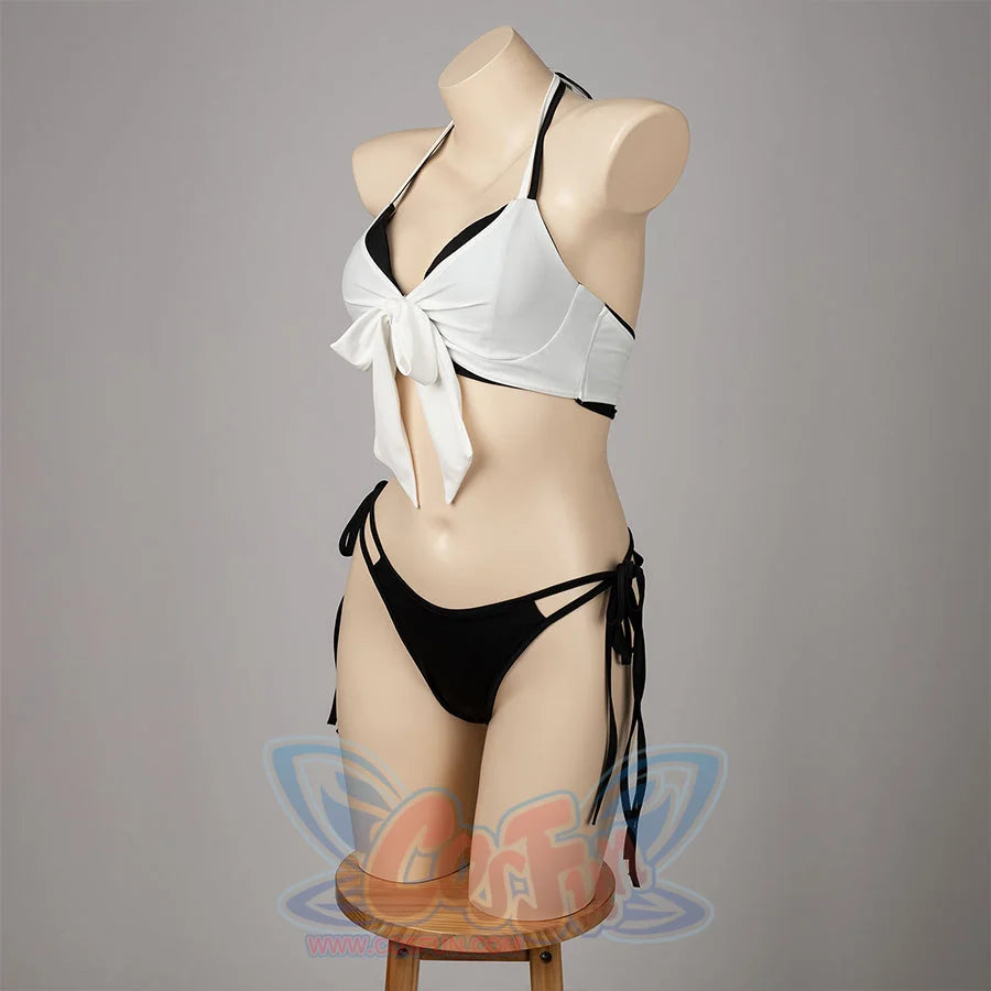 Final Fantasy VII Tifa Lockhart cosplay swimsuit turns the halter top toward black side strings at the hip.