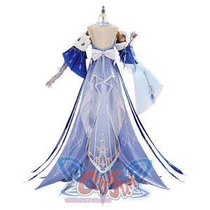 Tsaritsa cosplay costume back view with a layered pale blue train beneath a large white waist bow.