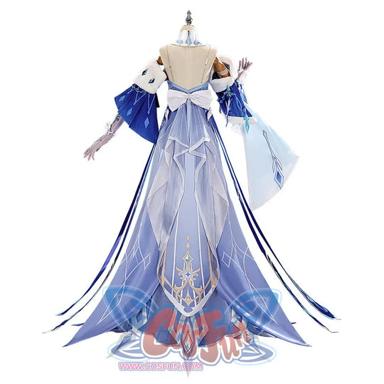 Tsaritsa cosplay costume back view with a layered pale blue train beneath a large white waist bow.