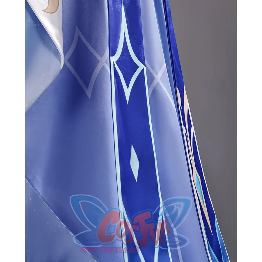 Tsaritsa cosplay costume skirt detail with deep blue panels and pale geometric linework.