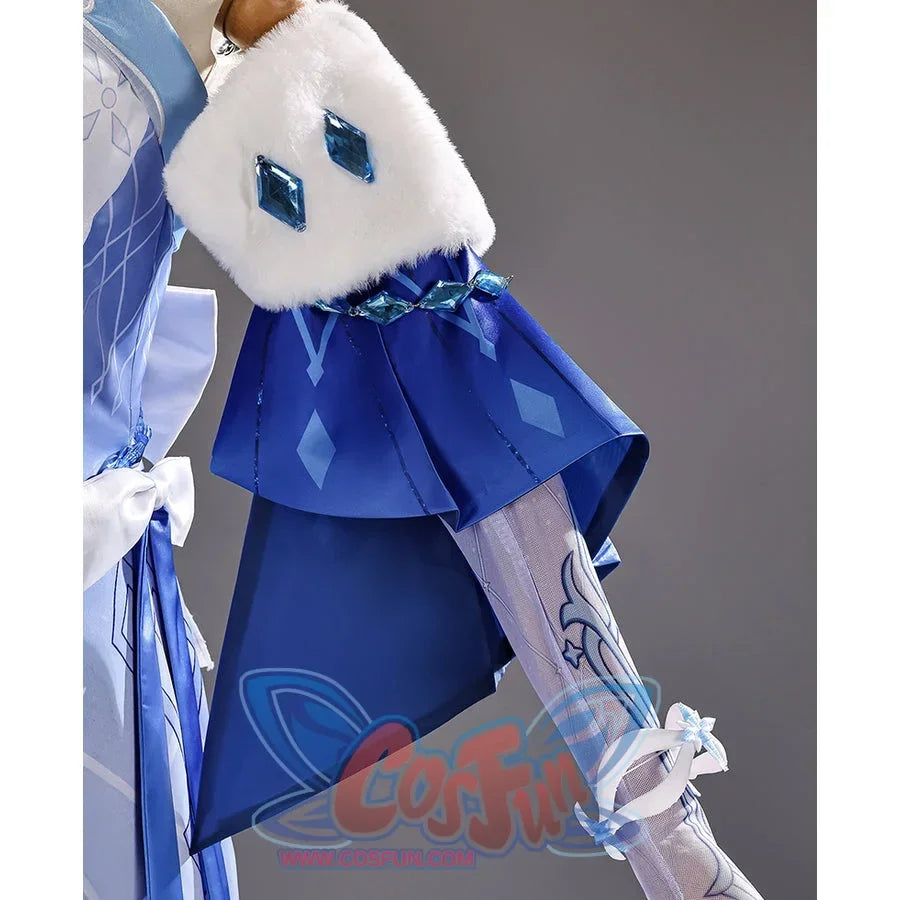 Tsaritsa cosplay costume blue sleeve detail with white plush trim and blue gem-like ornaments.