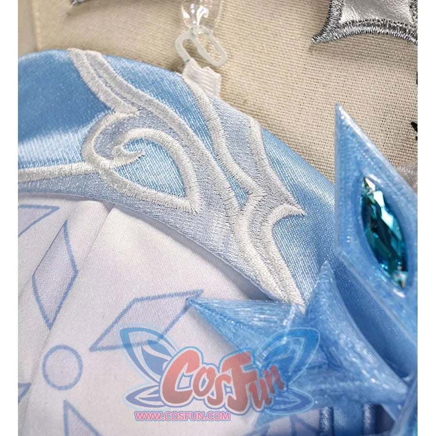 Tsaritsa cosplay costume bodice detail with a pale blue panel edged in white embroidered scrollwork.