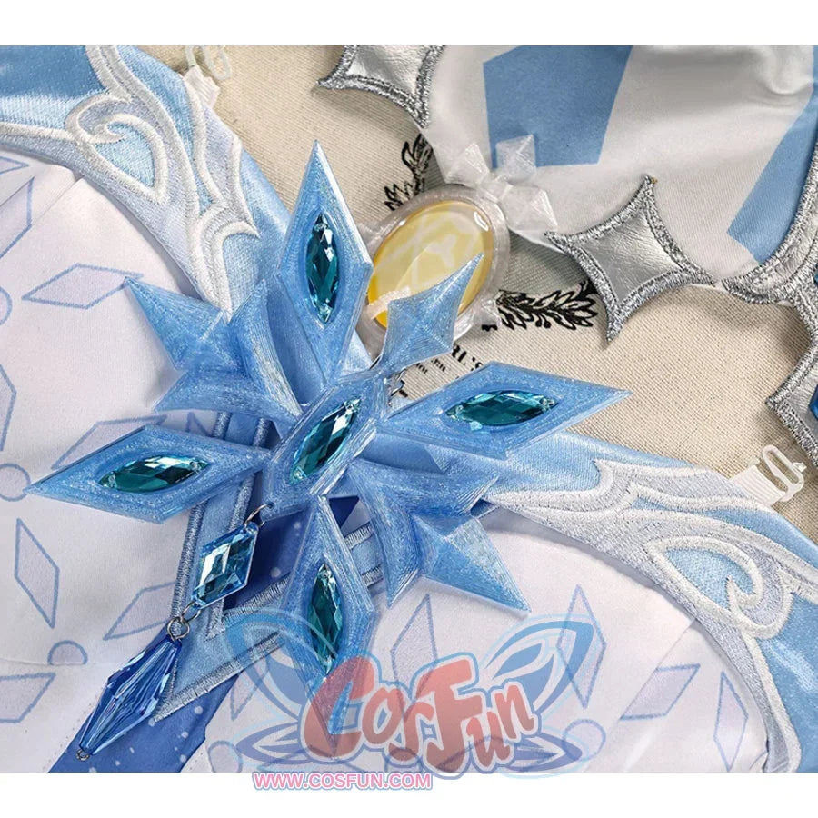 Tsaritsa cosplay costume chest ornament angled view with blue gem-like pieces above white embroidered trim.