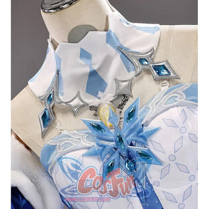 Tsaritsa cosplay costume collar and chest detail with silver-tone trim and blue gem-like ornaments.