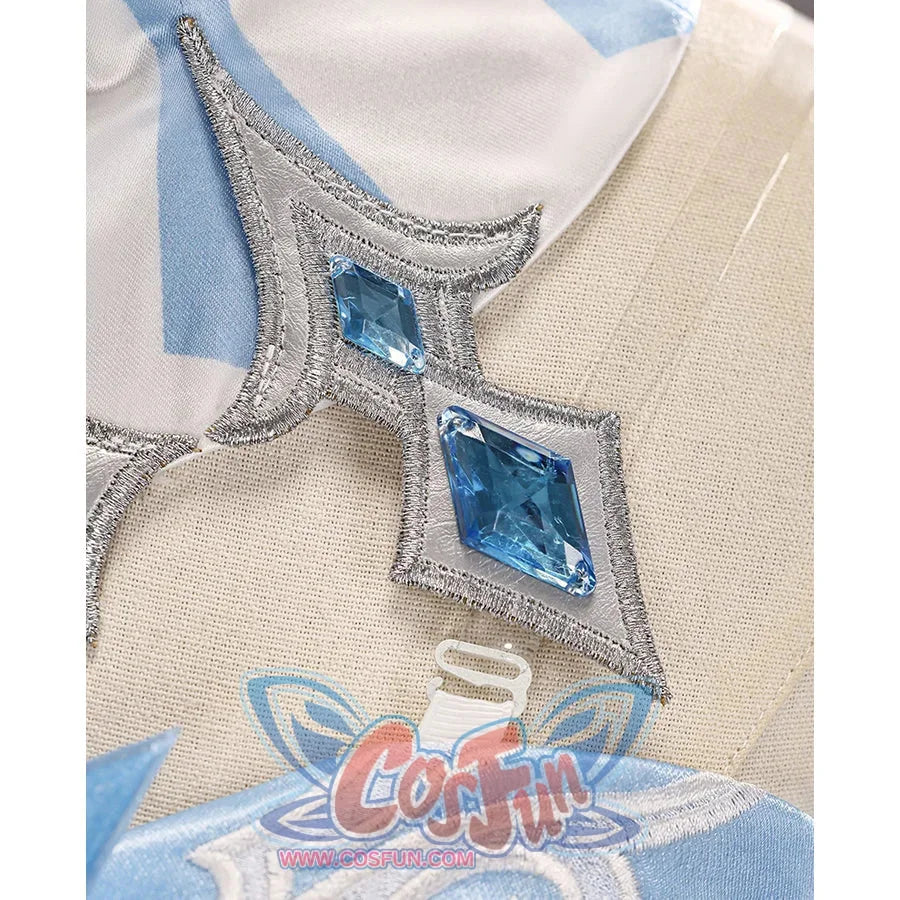Tsaritsa cosplay costume collar ornament close-up with silver-tone trim and blue gem-like accents.
