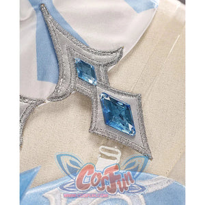 Tsaritsa cosplay costume collar ornament close-up with silver-tone trim and blue gem-like accents.