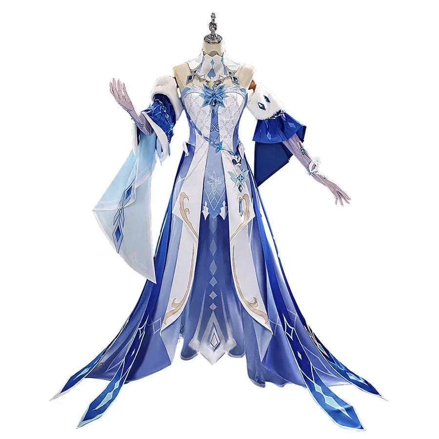 Genshin Impact Tsaritsa cosplay costume front view with layered blue skirt panels and asymmetric sleeves.