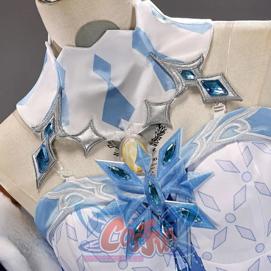 Tsaritsa cosplay costume neckline detail with silver-tone collar trim and a blue chest ornament.