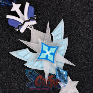 Tsaritsa cosplay costume side-waist ornament with pale geometric layers and a blue gem-like drop.