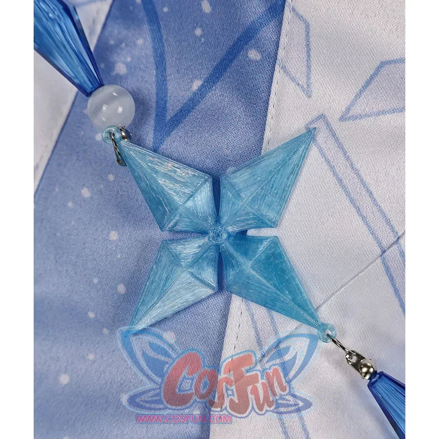 Tsaritsa cosplay costume skirt-chain detail with a pale blue four-point ornament between blue drops.