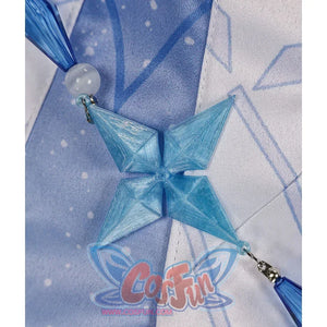 Tsaritsa cosplay costume skirt-chain detail with a pale blue four-point ornament between blue drops.