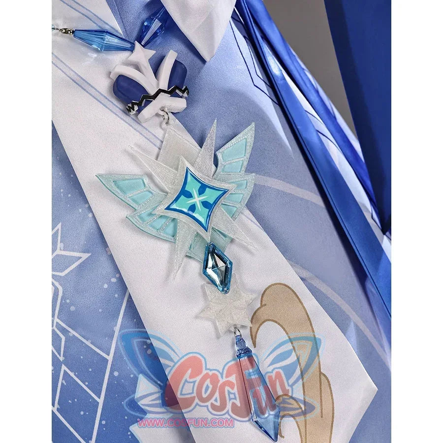 Tsaritsa cosplay costume skirt ornament detail with pale geometric layers and blue hanging accents.