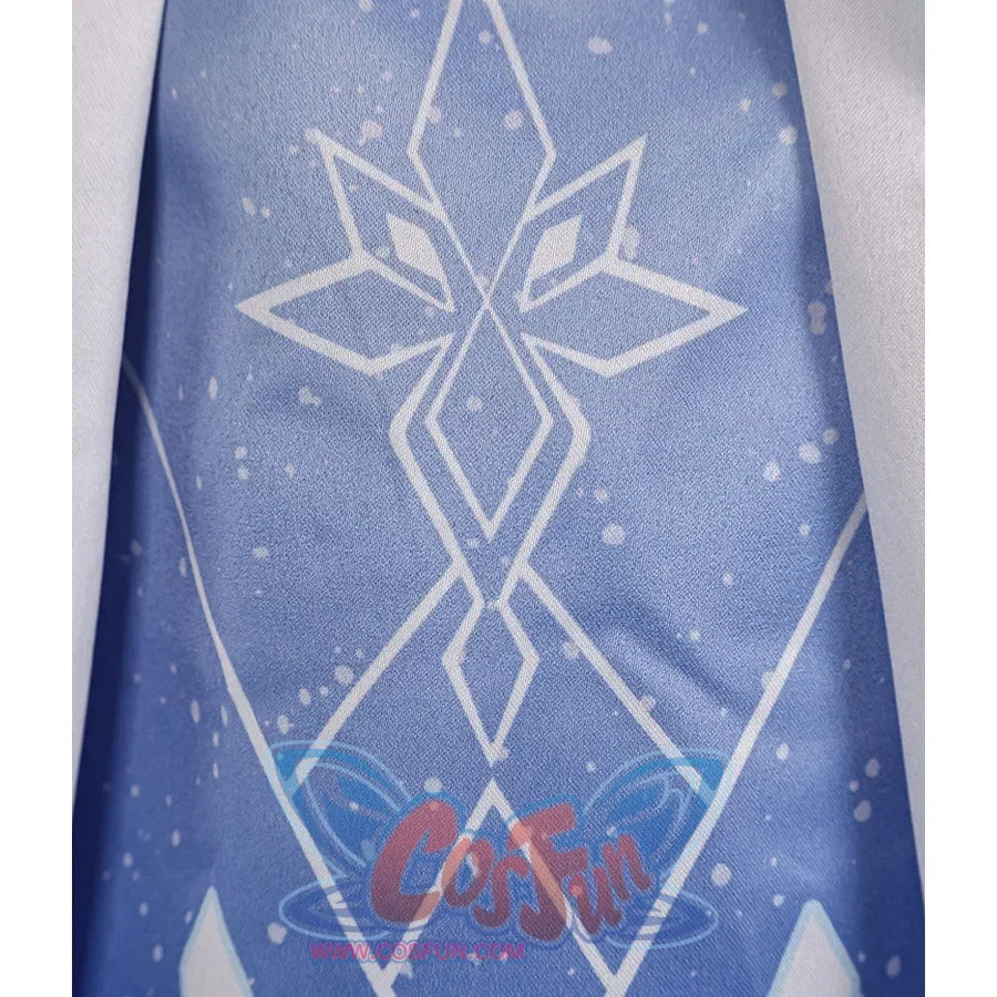Tsaritsa cosplay costume skirt detail with a white snowflake motif on a pale blue panel.