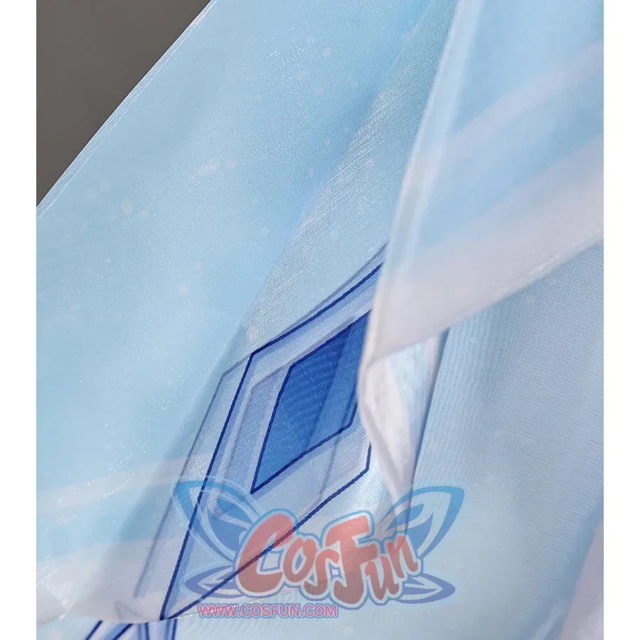 Tsaritsa cosplay costume sleeve close-up with a blue diamond motif beneath translucent pale fabric.
