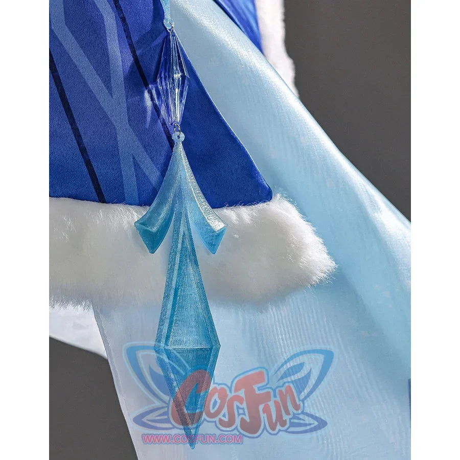 Tsaritsa cosplay costume sleeve ornament detail with a long translucent blue drop beneath white plush trim.