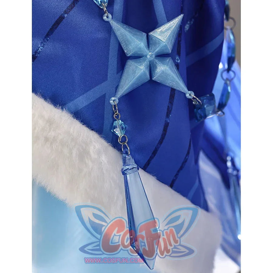 Tsaritsa cosplay costume sleeve pendant detail with a pale blue four-point ornament and faceted drop.
