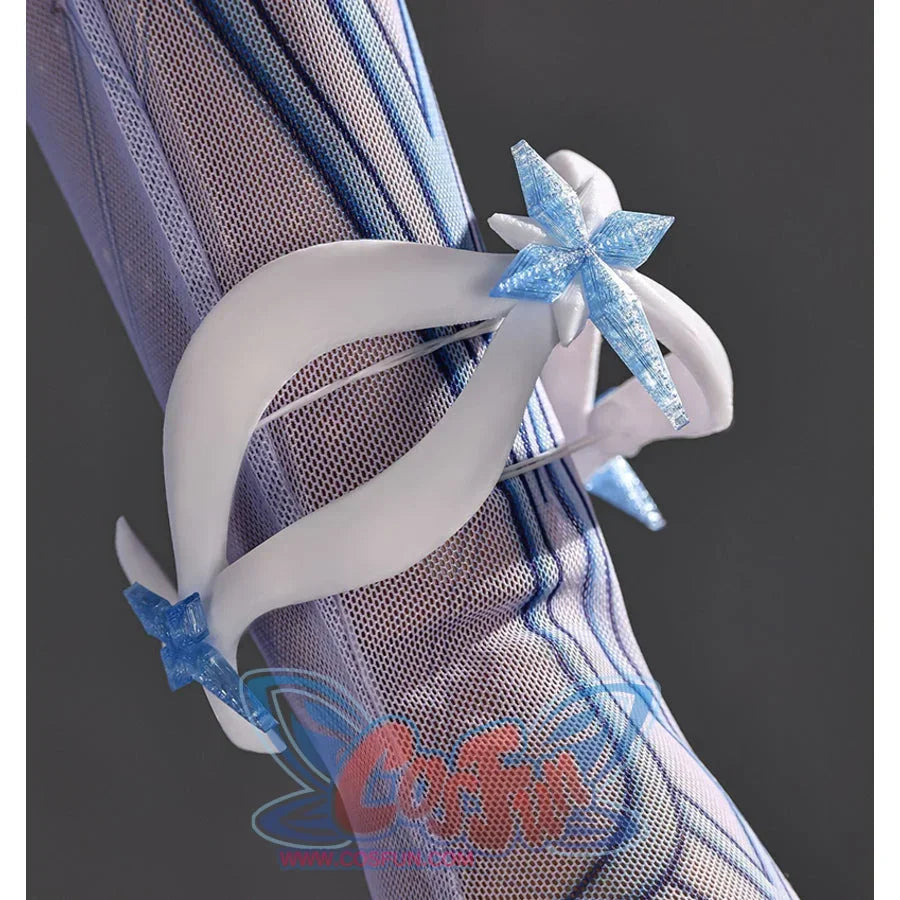 Tsaritsa cosplay costume wrist ornament detail with white curved bands over a sheer patterned sleeve.