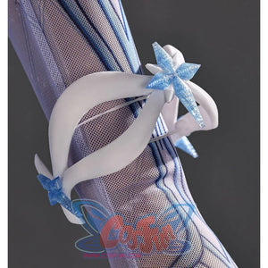 Tsaritsa cosplay costume wrist ornament detail with white curved bands over a sheer patterned sleeve.
