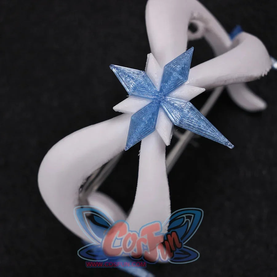 Tsaritsa cosplay headpiece close-up with curved white bands and a layered blue star ornament.
