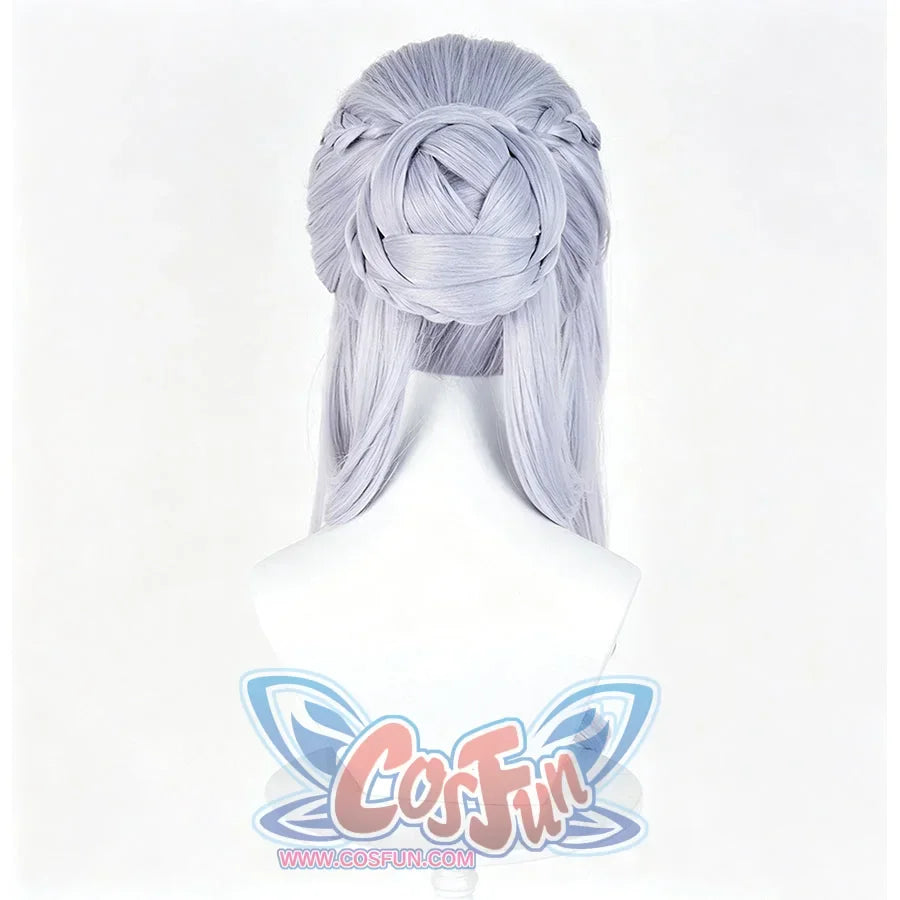 Tsaritsa cosplay wig back view focuses on a woven braided bun above long pale blue lengths.