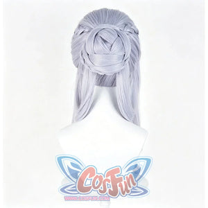 Tsaritsa cosplay wig back view focuses on a woven braided bun above long pale blue lengths.