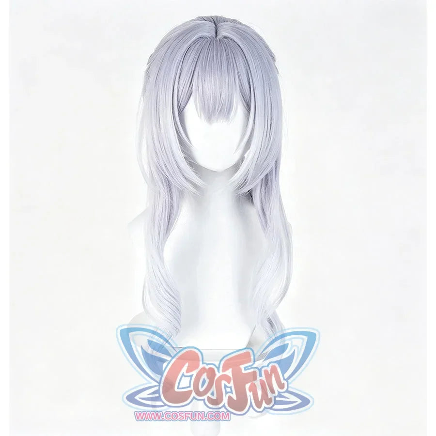COSFUN Genshin Impact Tsaritsa cosplay wig in an angled view with long pale blue curls and a braided updo.