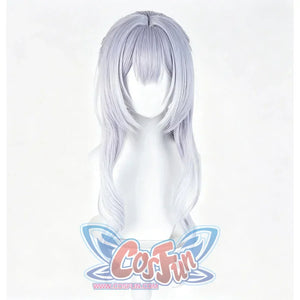 Tsaritsa cosplay wig front view highlights layered bangs above long pale blue curls and face-framing strands.