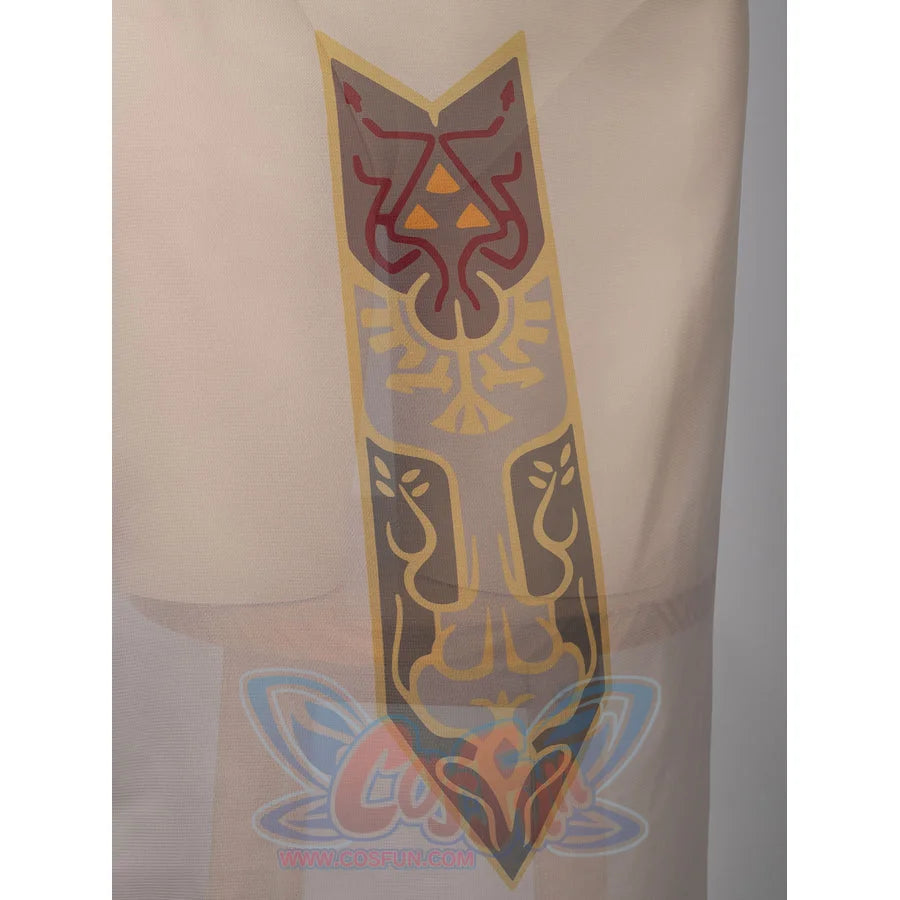 Twilight Princess Zelda cosplay tankini crest panel detail centers gold and burgundy motifs on sheer fabric.