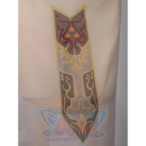 Twilight Princess Zelda cosplay tankini crest panel detail centers gold and burgundy motifs on sheer fabric.