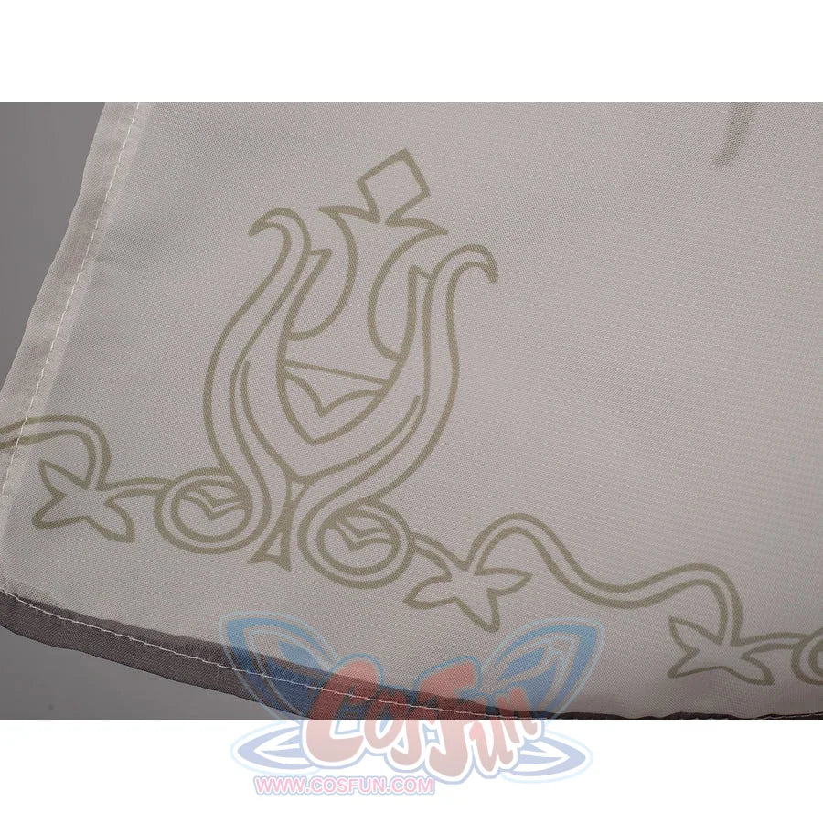 Twilight Princess Zelda cosplay tankini skirt hem detail traces pale scrollwork along sheer fabric.