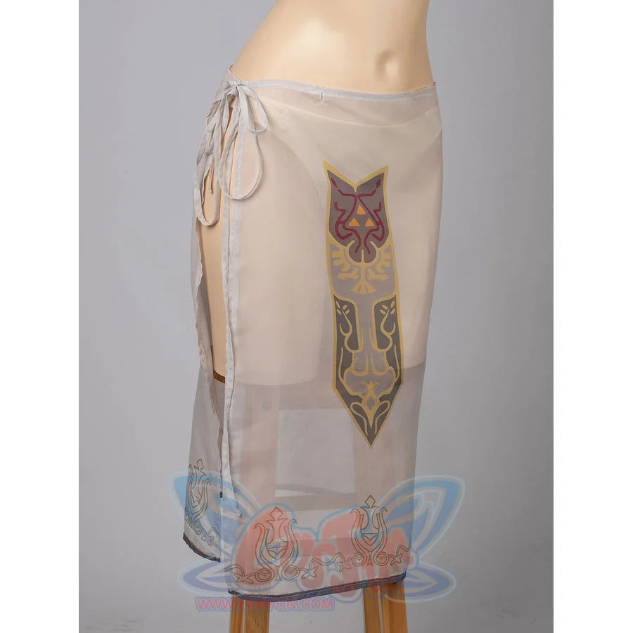 Twilight Princess Zelda cosplay tankini sheer skirt detail traces side ties and the crest panel.