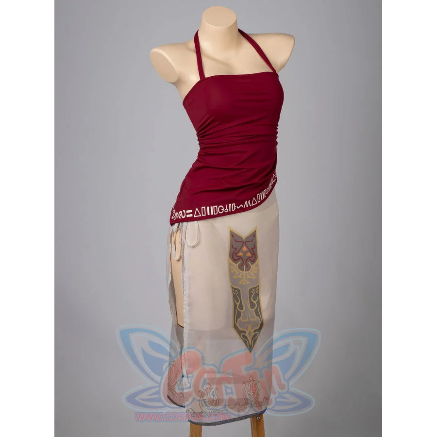 Twilight Princess Zelda cosplay tankini angled view frames the burgundy top and crest-panel skirt.