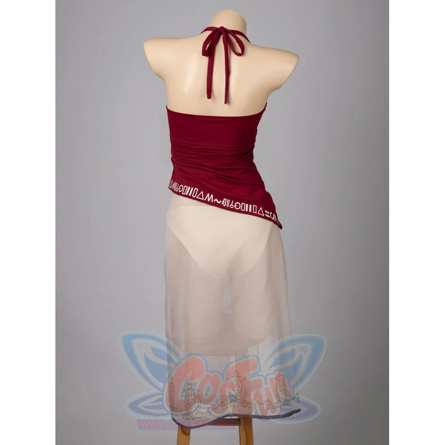 Twilight Princess Zelda cosplay tankini back view ties the burgundy halter above an ivory sheer skirt.