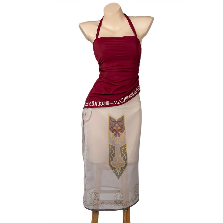 COSFUN Twilight Princess Zelda cosplay tankini layers a burgundy halter top over a sheer cream skirt.
