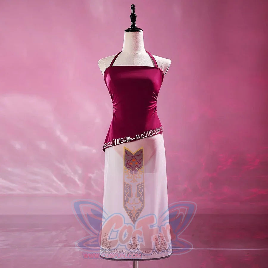 Twilight Princess Zelda cosplay tankini full front view layers a burgundy halter top over a crest-panel skirt.