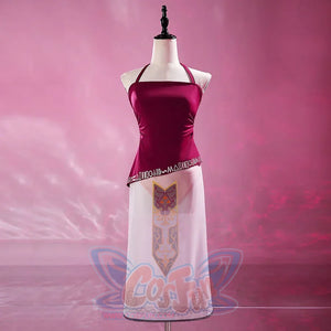 Twilight Princess Zelda cosplay tankini full front view layers a burgundy halter top over a crest-panel skirt.