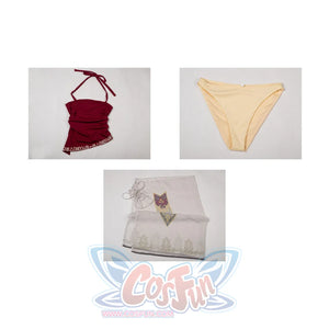 Twilight Princess Zelda cosplay tankini flat lay separates the burgundy top, pale bottoms, and sheer skirt.