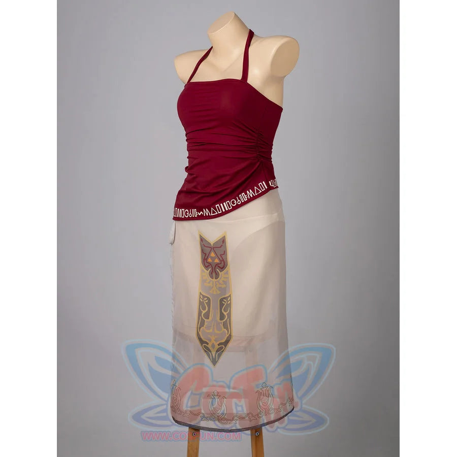 Twilight Princess Zelda cosplay tankini side view sets a fitted burgundy top above the sheer skirt.