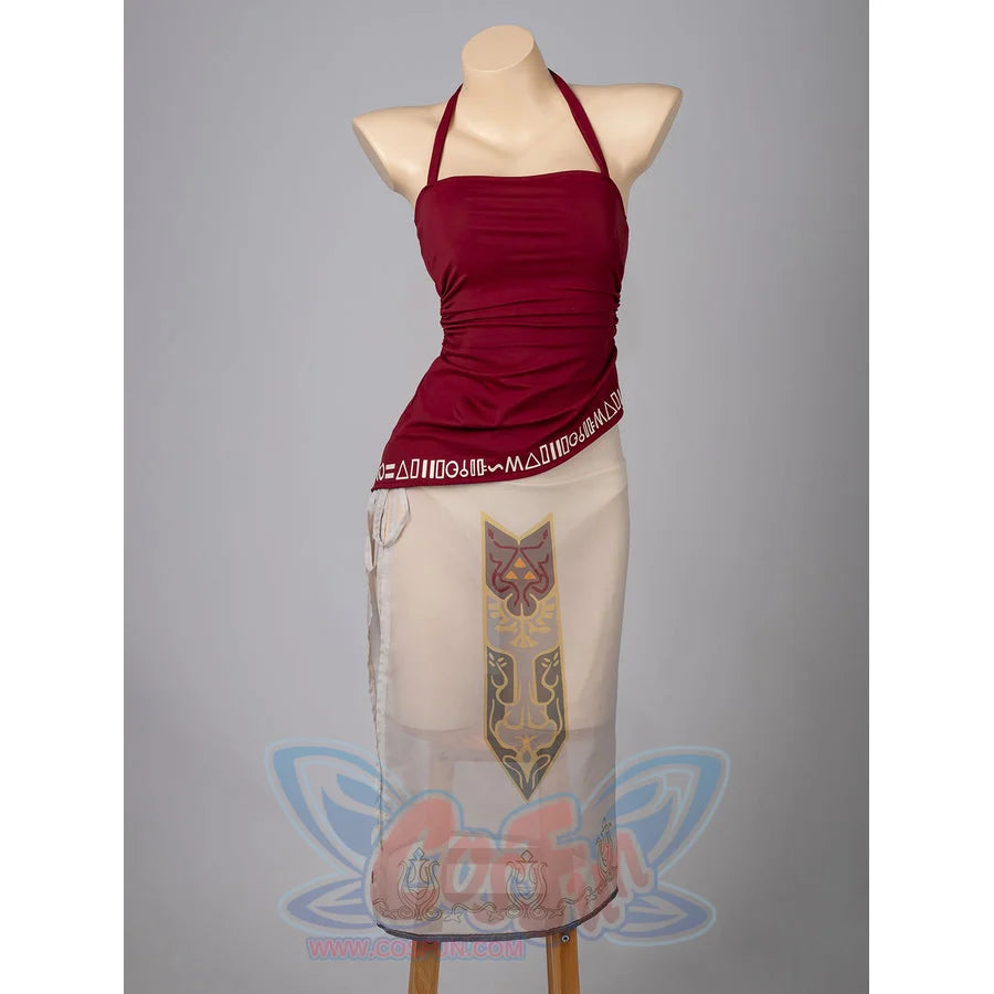 Twilight Princess Zelda cosplay tankini front view centers burgundy ruching and a pale sheer skirt.