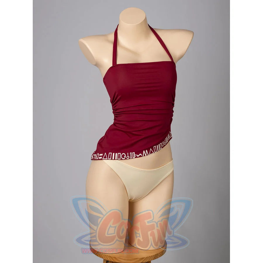 Twilight Princess Zelda cosplay tankini set pairs the burgundy halter top with pale bikini bottoms.