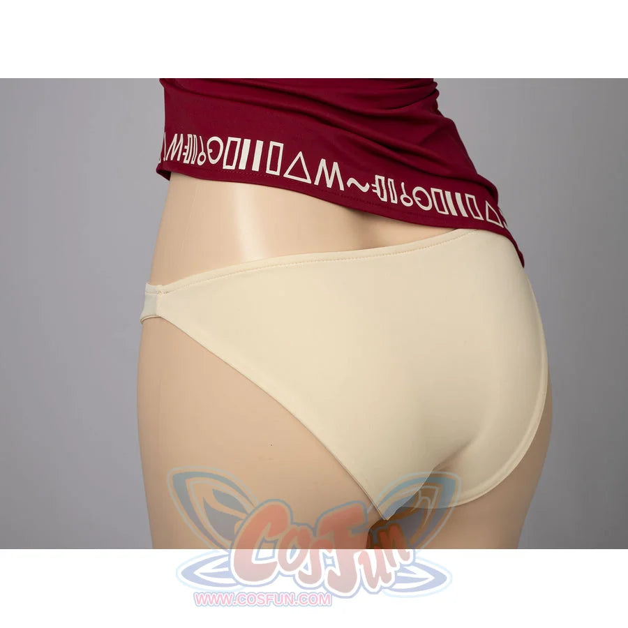 Twilight Princess Zelda cosplay tankini back waist detail wraps burgundy trim above pale bikini bottoms.