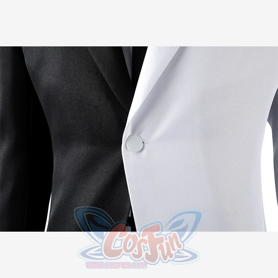 Harvey Dent Two-Face cosplay blazer detail centers a white button between black and white lapels.