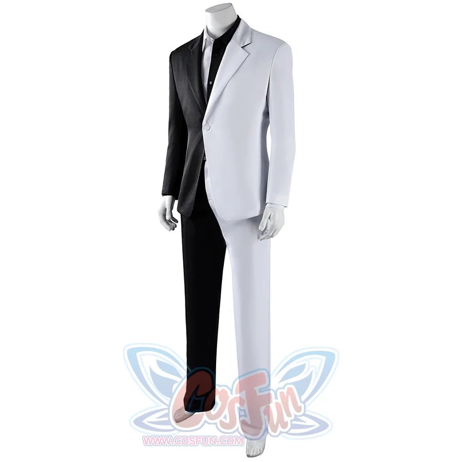 Harvey Dent Two-Face cosplay costume angled view frames black lapel lines beside the white blazer half.