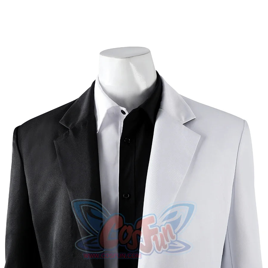Harvey Dent Two-Face cosplay costume collar close-up pairs split lapels around the black-and-white shirt.
