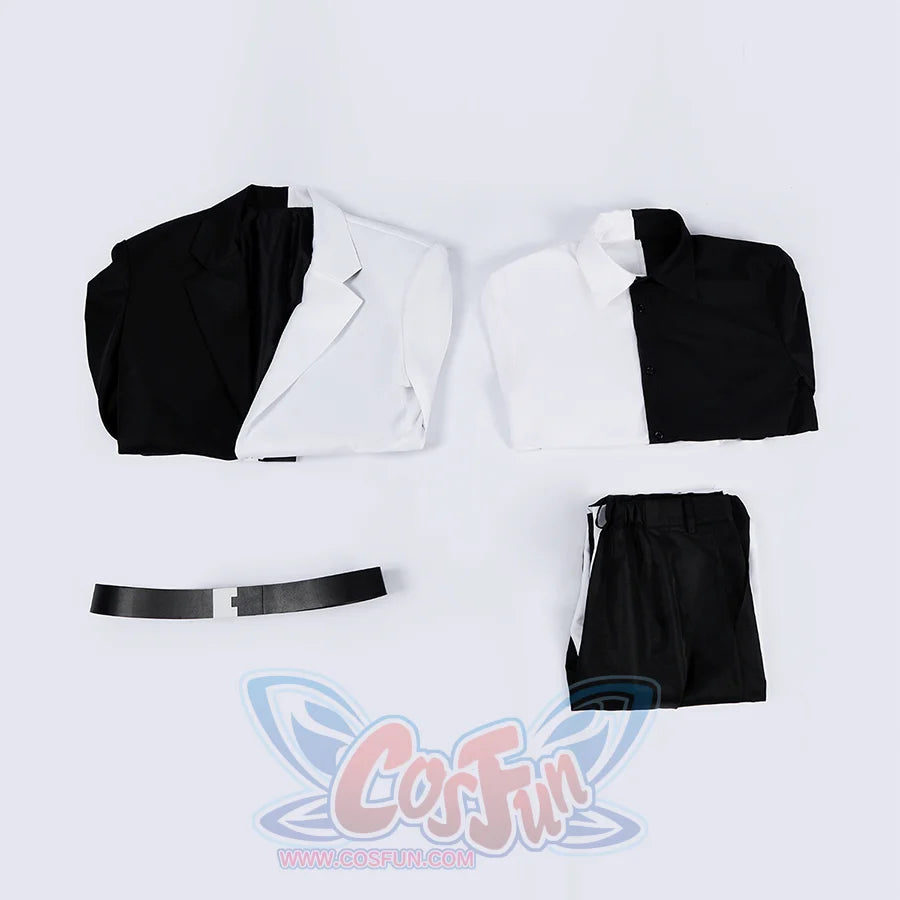 Harvey Dent Two-Face cosplay costume flat lay presents the split jacket over shirt pieces beside belt and pants.