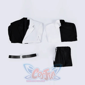 Harvey Dent Two-Face cosplay costume flat lay presents the split jacket over shirt pieces beside belt and pants.